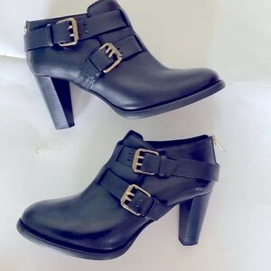 J. Crew Leather Bitten Booties gold buckle stacked heel biker western classic